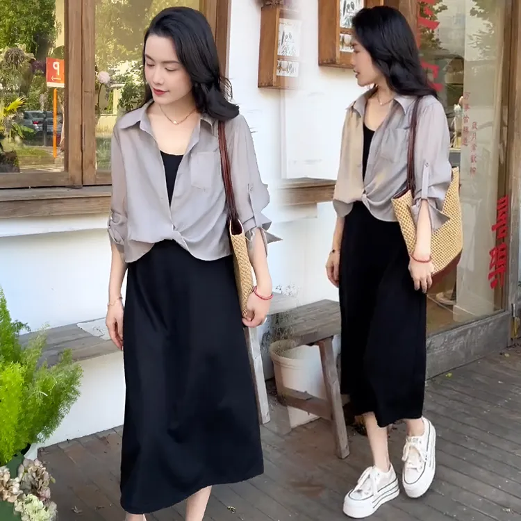 防晒套装裙女夏季高级感扭结长袖衬衫女吊带连衣裙时尚显瘦两件套