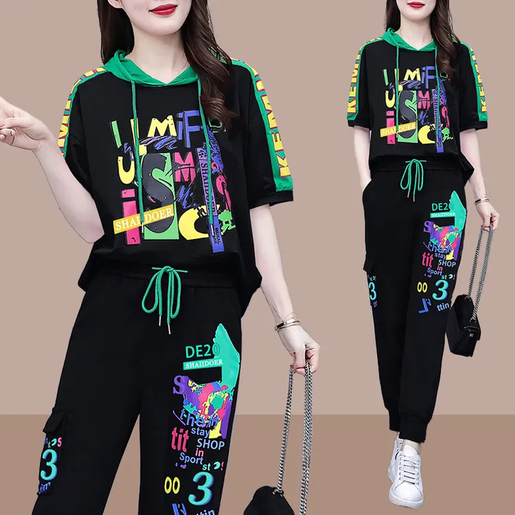 运动服套装女2025夏季新款宽松洋气连帽上衣涂鸦休闲裤子两件套潮