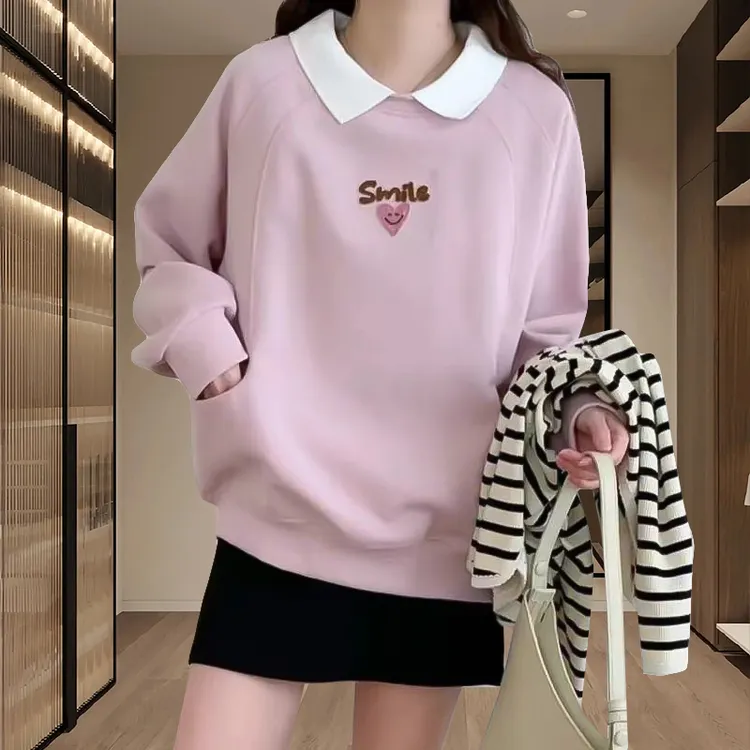 正肩卫衣女春秋2025新款韩版时尚百搭小个子polo衫翻领长袖上衣女