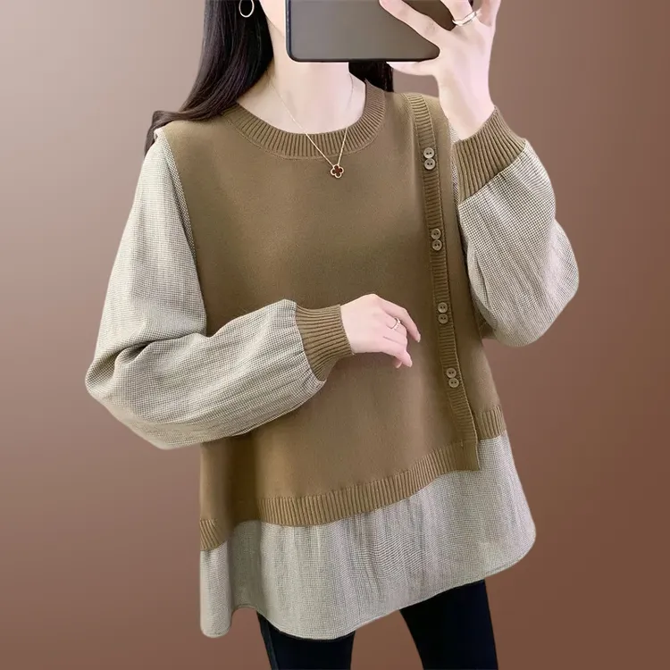 气质针织假两件打底衫女士春秋2025年新款宽松大码毛衣拼接上衣服