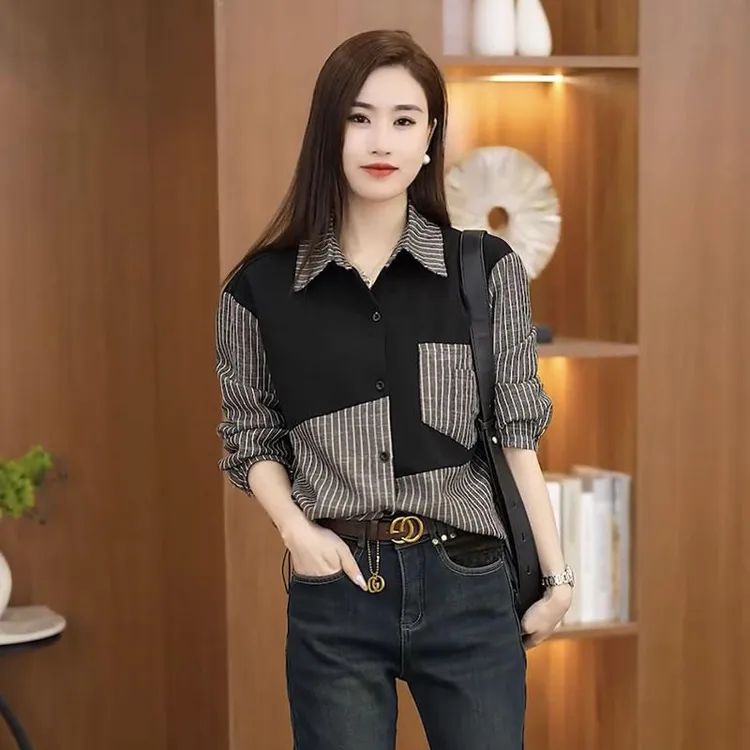 2025春秋季新款拼接衬衫女装小个子设计感上衣时尚百搭条纹衬衣潮