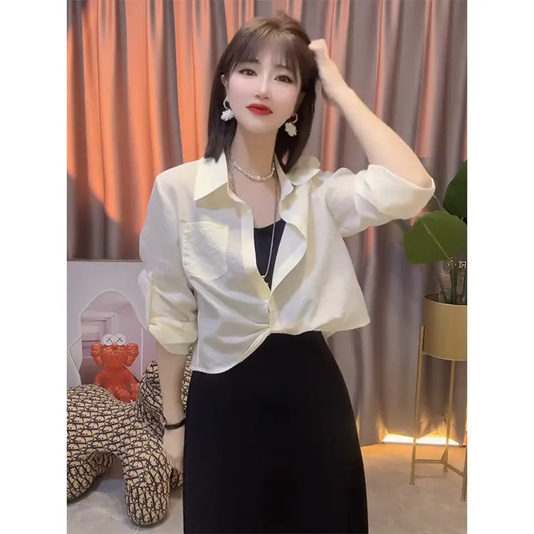 微胖穿搭一整套夏季新款长袖薄款防晒衬衫黑色吊带连衣裙显瘦套装