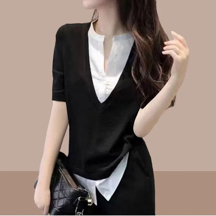 洋气网红假两件短袖t恤女士2025夏季新款流行短款设计感小众上衣