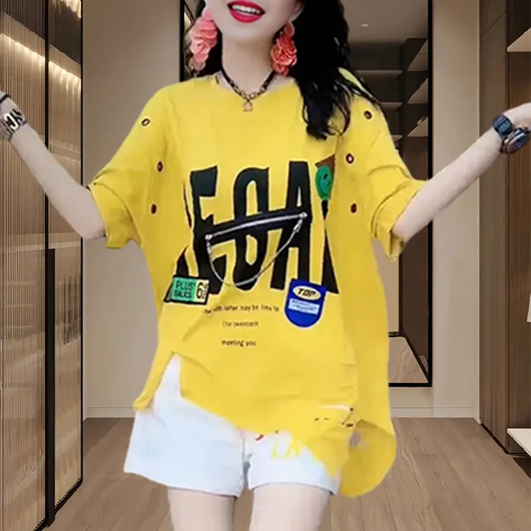 欧洲站2025夏季新款独特别致显瘦短袖T恤女时尚洋气遮肉印花上衣 
