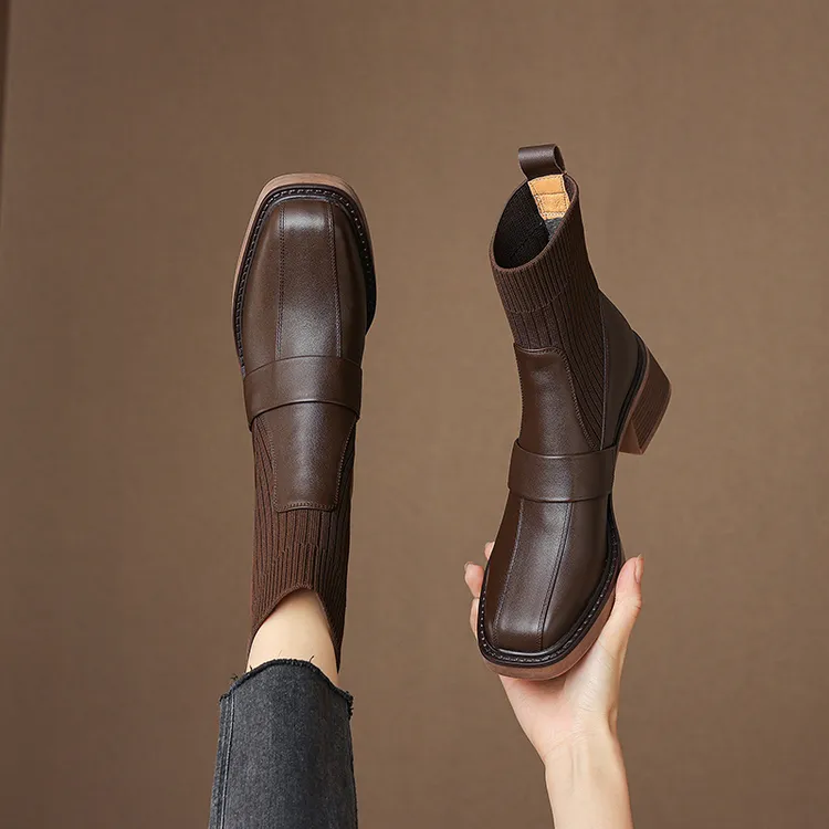 M001【4200】牛皮手工靴针织英伦风方头弹力靴女短靴