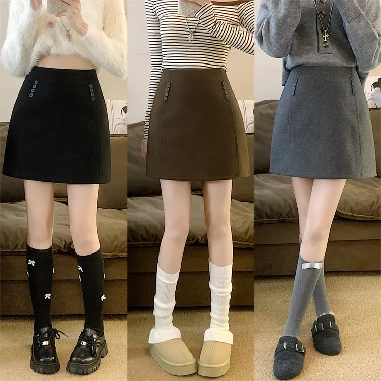 胖M高腰防走光A字半身裙纯色毛呢短裙秋冬大码百搭加厚气质包臀裙