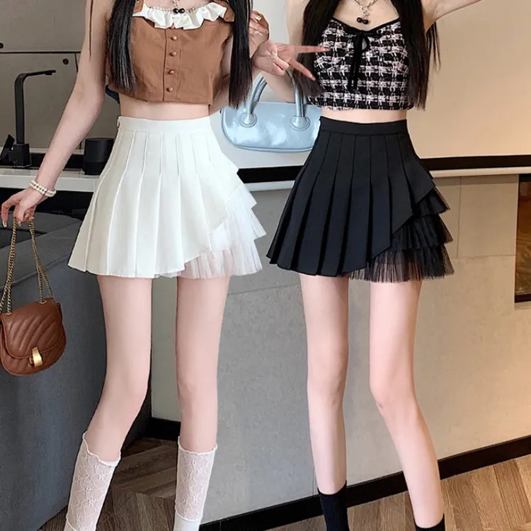 黑色网纱拼接百褶裙女秋季大码新款高腰显瘦短裙防走光a字半身裙