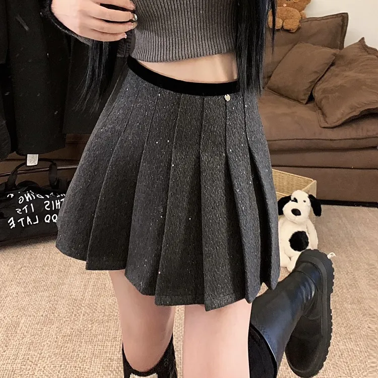 法式复古亮片毛呢百褶裙大码秋冬梨形身材高腰显瘦a字短裙半身裙