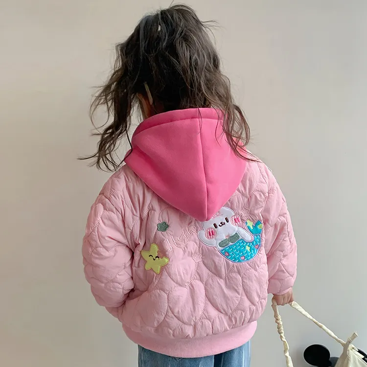 女童棉衣2025新款小女孩时髦连帽假两件棉衣冬季保暖甜美加厚棉袄