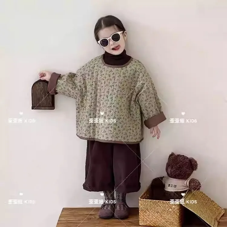 童装韩版秋冬女童复古碎花夹棉外套洋气薄棉棉衣潮流灯芯绒裤子潮