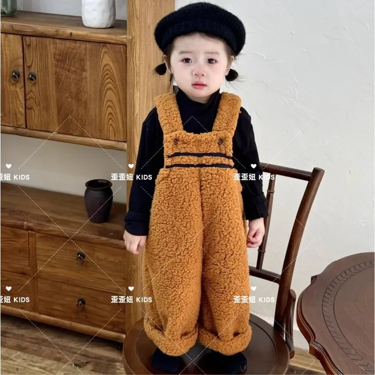 童装2024新款男女童羊羔毛背带裤儿童加厚保暖裤子小童宝宝打底衫