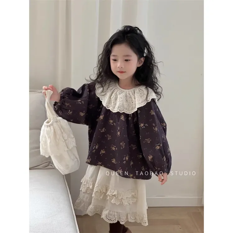 儿童上衣韩国女童碎花长袖娃娃衫秋季新品宝宝洋气蕾丝大翻领衬衫