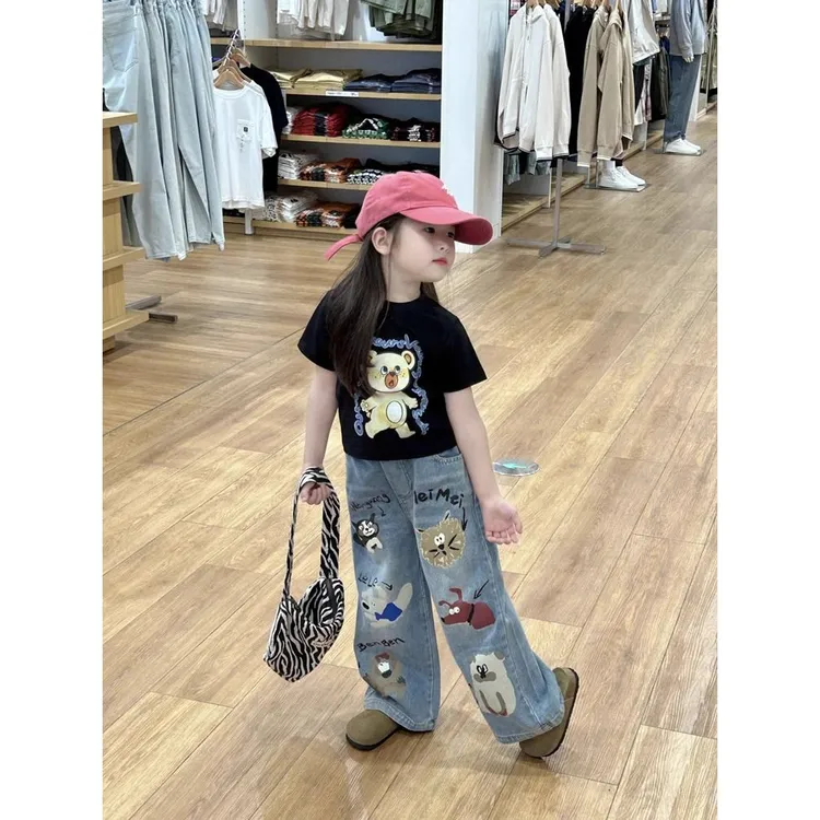 女童印花牛仔裤夏装2024新款韩版时髦儿童薄款时髦长裤女宝夏季