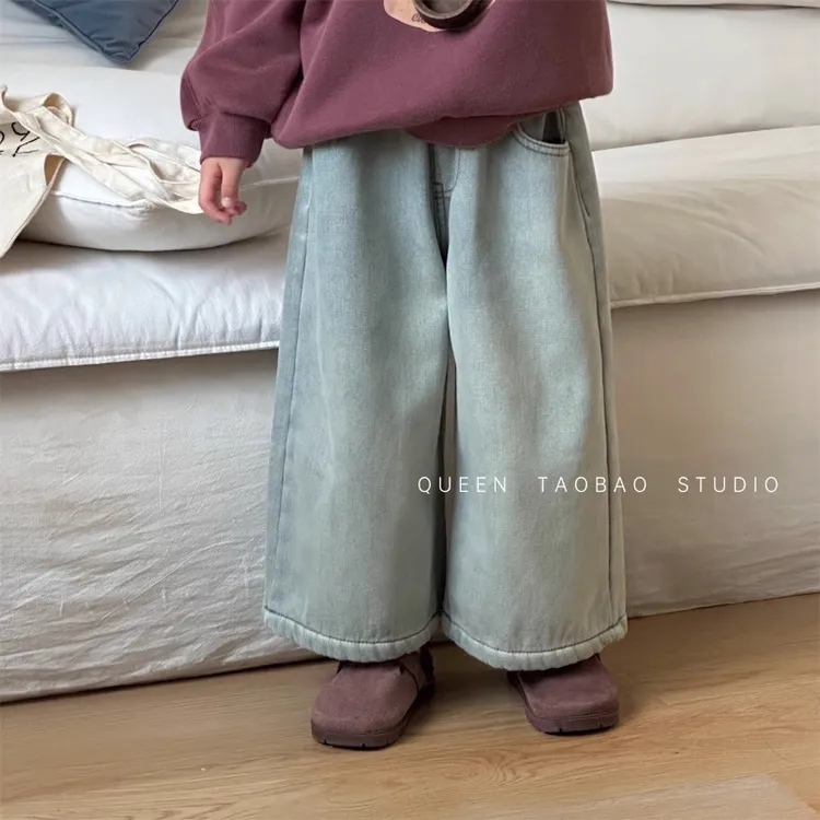 童装女童加绒牛仔裤一体绒秋冬装儿童加厚保暖裤子宝宝冬季阔腿裤