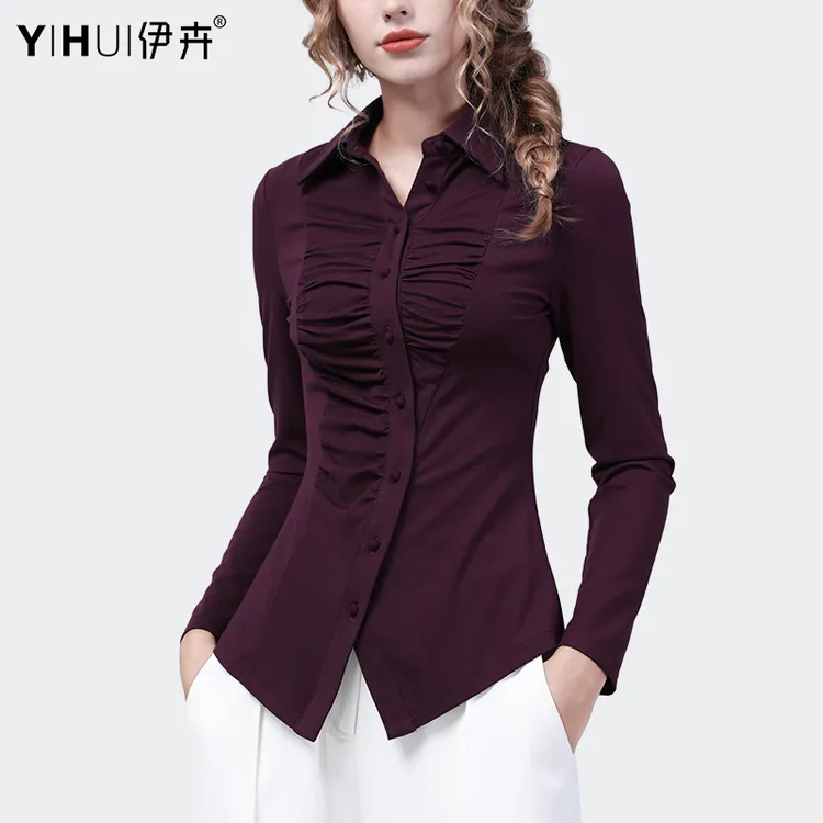 YIHUI伊卉欧货新款弹力收腰时尚气质上衣女装显瘦长袖衬衣SI22182