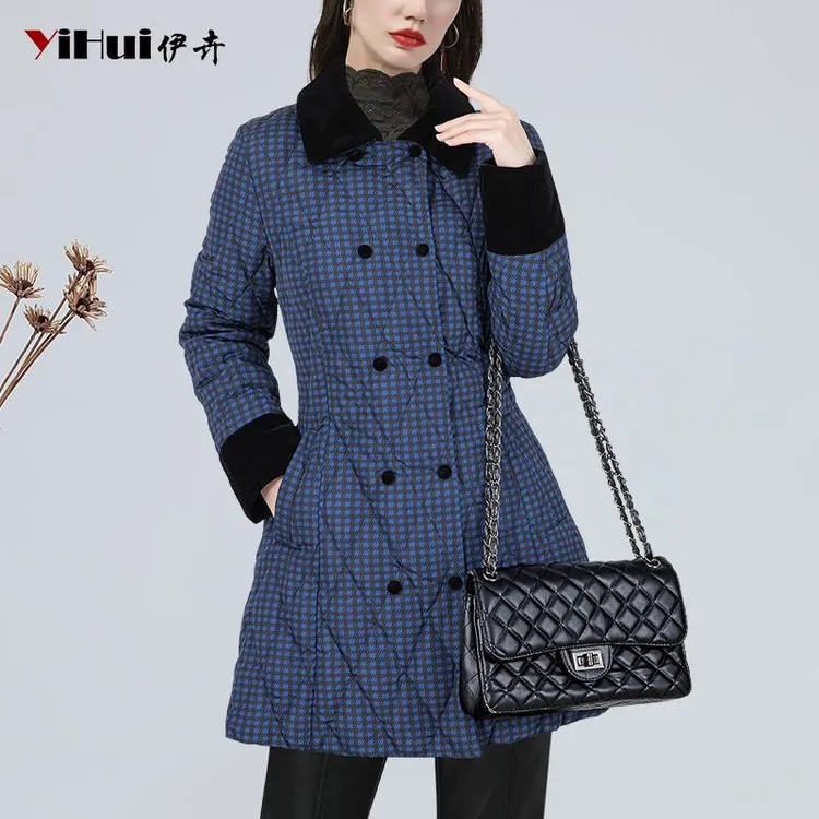 YIHUI伊卉格子羽绒服女双排扣90白鸭绒大衣丝绒领中长WH243728