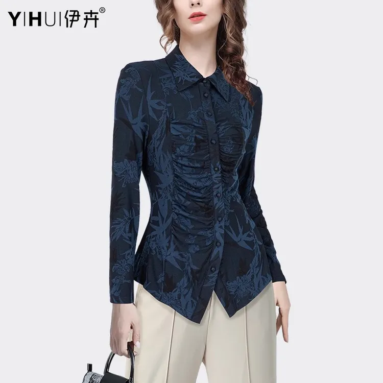 YIHUI伊卉2025衬衣秋装弹力印花衬衫上衣女收腰显瘦长袖SH243690