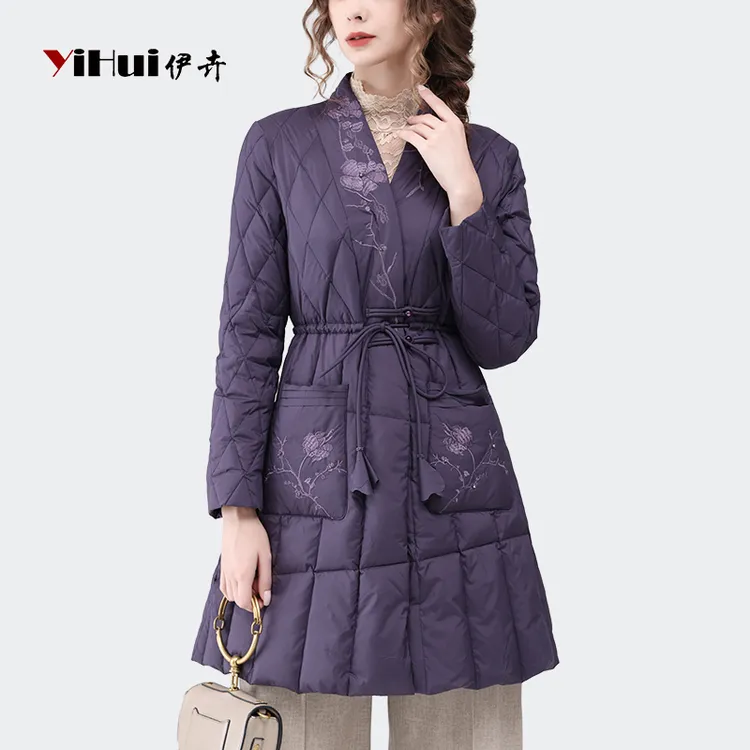 YIHUI伊卉中国风刺绣羽绒服外套女中式盘扣中长款白鸭绒WG230808