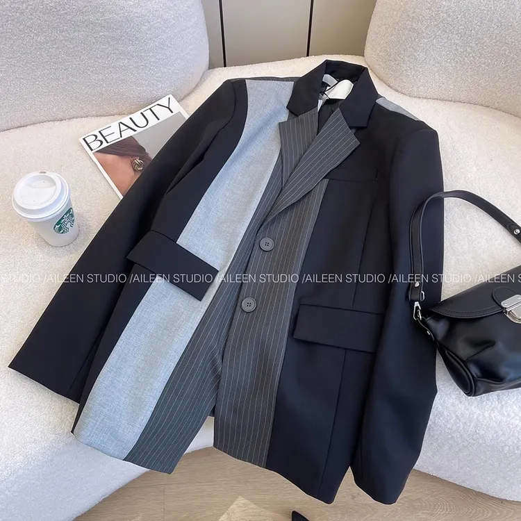 大码设计感小众西装外套女春季新款韩版时尚拼接宽松显瘦西服上衣