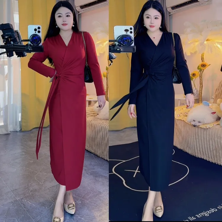 【高端定制】新款名媛优雅气质时尚长袖连衣裙修身百搭中长裙
