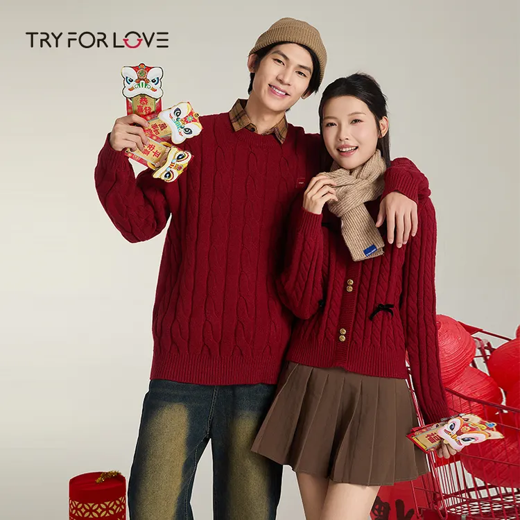 tryforlove修身型圆领套头毛衣平安秋冬保暖加厚新年红色情侣装