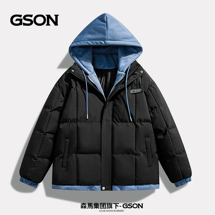 森馬集团旗下GSON假两件连帽棉服男外套秋冬潮牌美式加厚棉袄棉衣