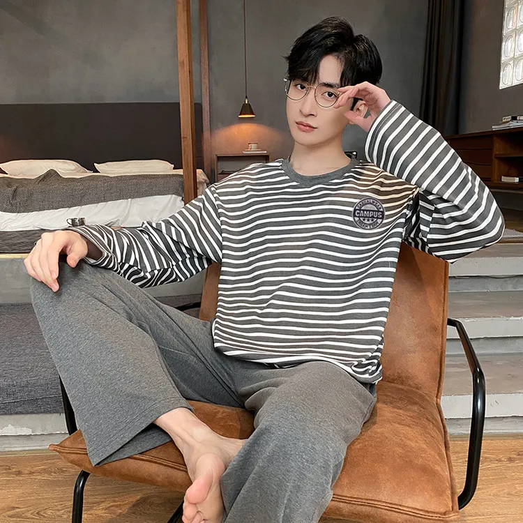 睡衣男秋冬款开衫长袖纯棉秋冬季青少年双面全棉可外穿家居服套装