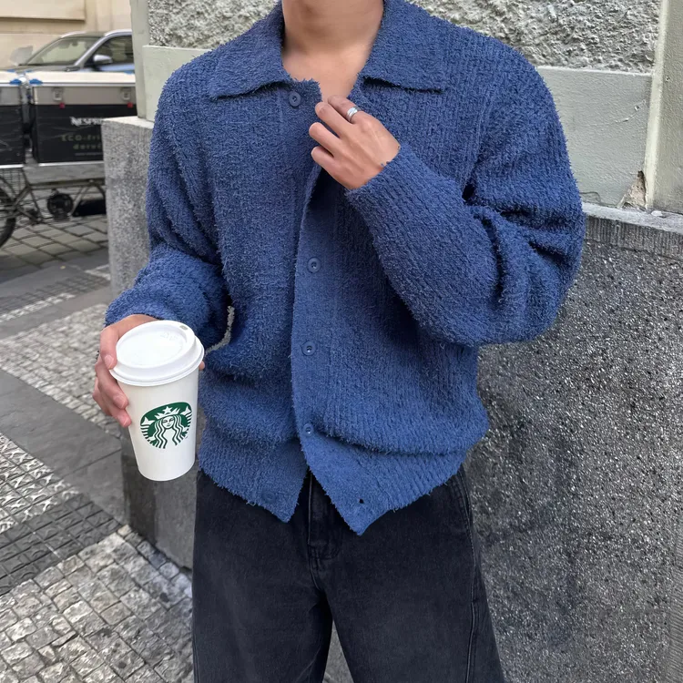 流苏毛绒翻领针织开衫男士春秋季新款韩系松弛慵懒风针织衫男款