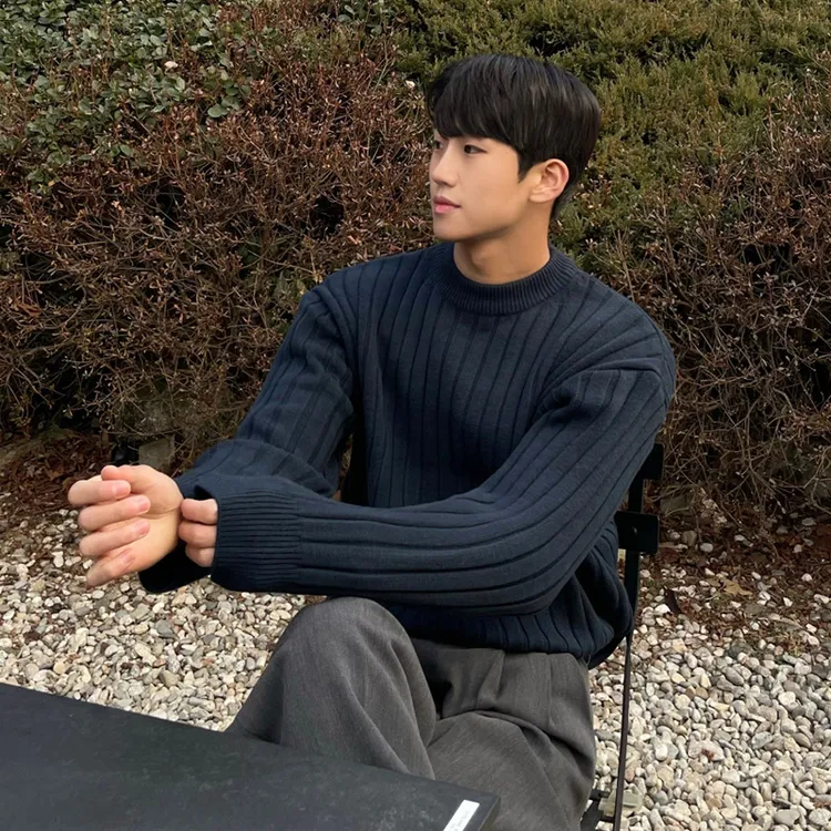 韩系纯色圆领针织毛衣男款秋季网红款宽松慵懒风轻奢针织衫男款