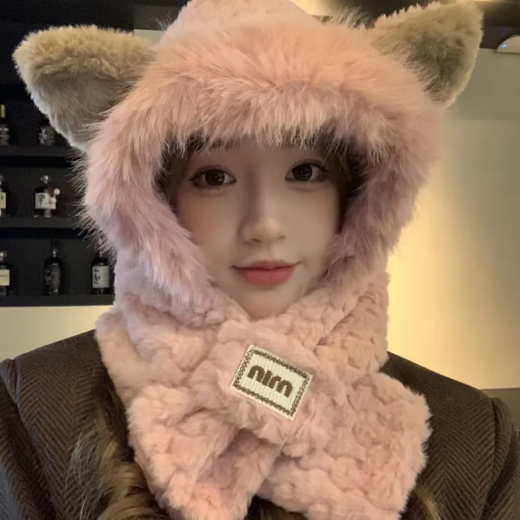 秋冬小熊毛绒帽子围巾一体加厚保暖护耳雷锋帽