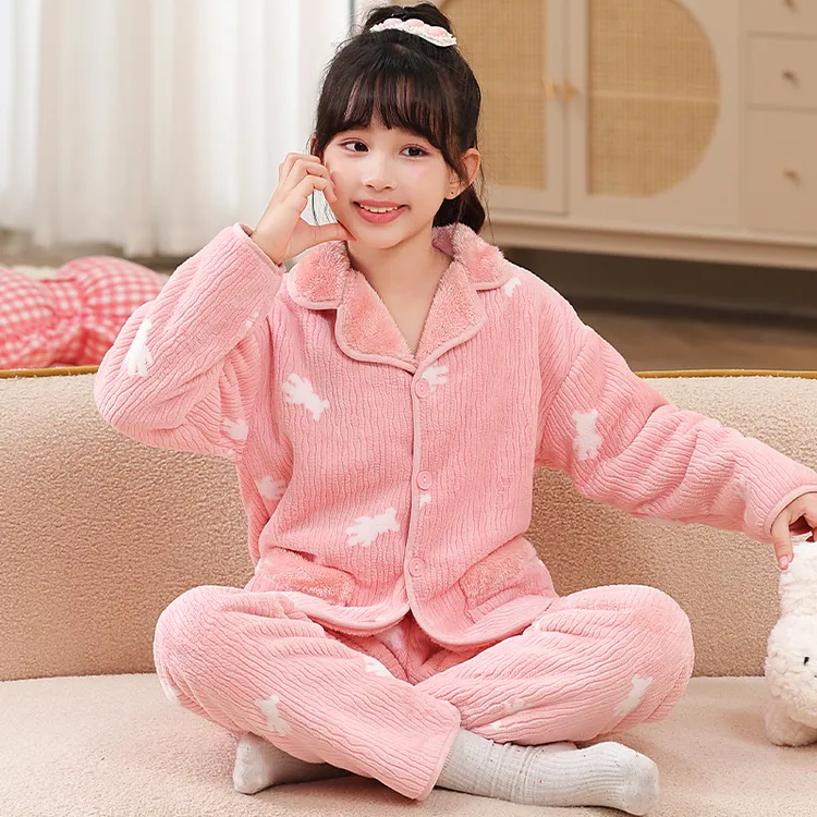 儿童秋冬双层法兰绒男童家居服女孩加绒加厚中大童8-15岁睡衣套装