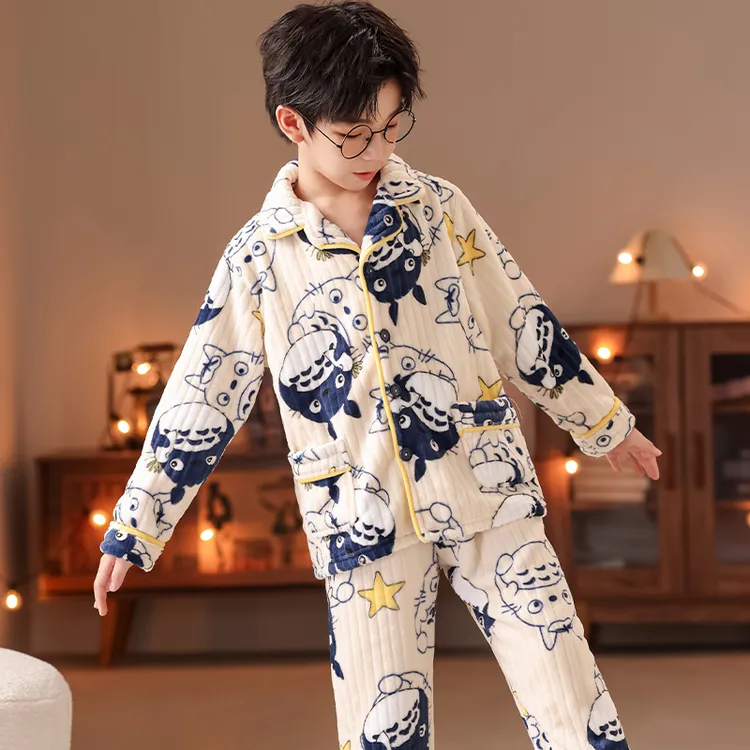 秋冬法兰绒睡衣儿童新款男女孩子家居中大童宝宝服珊瑚绒大人套装