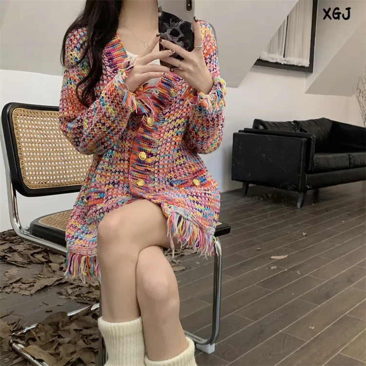 秋冬新款小香风流苏毛衣外套女宽松慵懒针织开衫