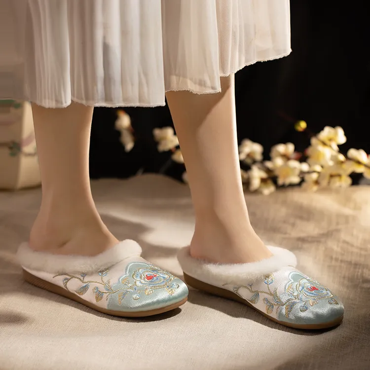 秋凉中国风棉拖鞋冬季加绒情侣针织居家绣花鞋保暖冬季居家女鞋