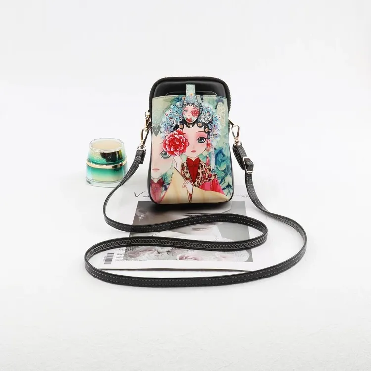 安芙曼竖款防盗竖式时尚高清打印拉链长款防尘手拎包印花手机包女