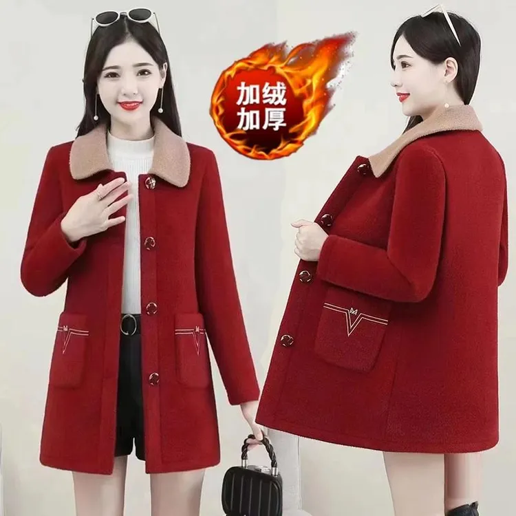 2024秋冬款妈妈加厚仿貂绒呢子大衣中长款大码韩版毛呢外套女洋气
