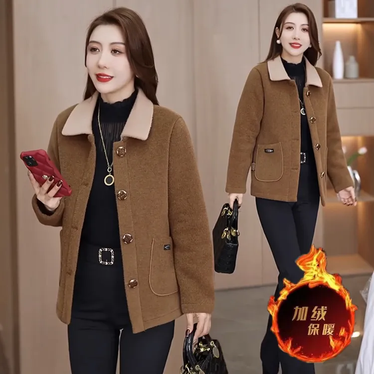 中年妈妈冬装水貂绒外套大衣短款洋气中老年秋冬毛呢外套加绒上衣