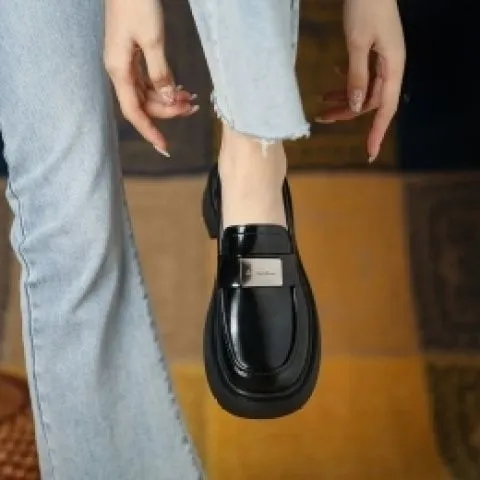 厚底乐福鞋圆头乐福鞋女鞋单鞋春季复古英伦风粗跟黑色休闲