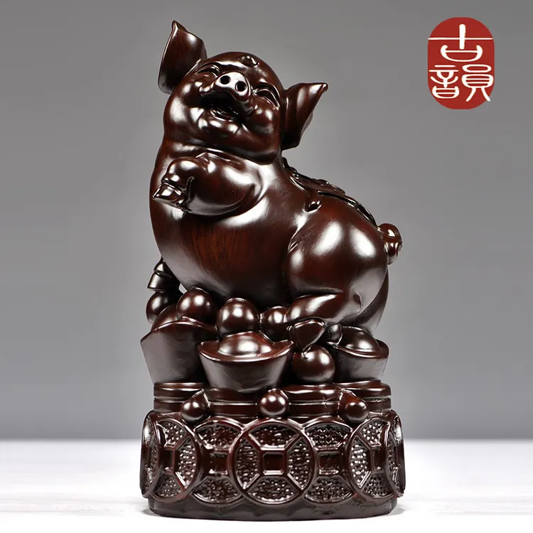 黑檀木雕福猪摆件实木十二生肖动物家居客厅桌面装饰红木工艺礼品