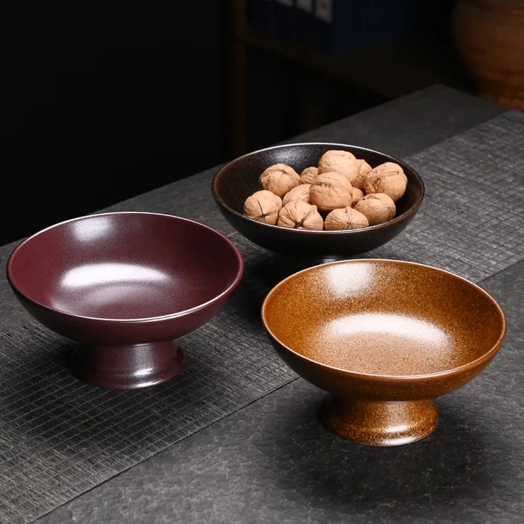 天目釉果盘点心盘复古中式高脚陶瓷托盘篮摆件粗陶点心水果禅意碟