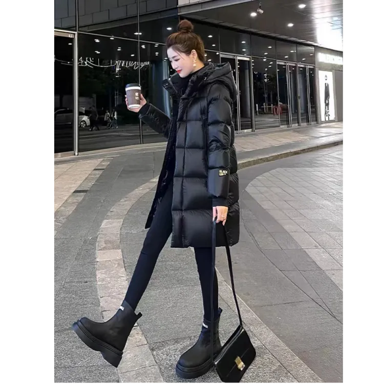 2024新款时尚百搭连帽中长款黑色金色标鸭绒羽绒服外套0734