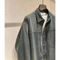 春季人字纹复古水洗做旧宽松廓形极简线条牛仔衬衫衬衣外套男3050