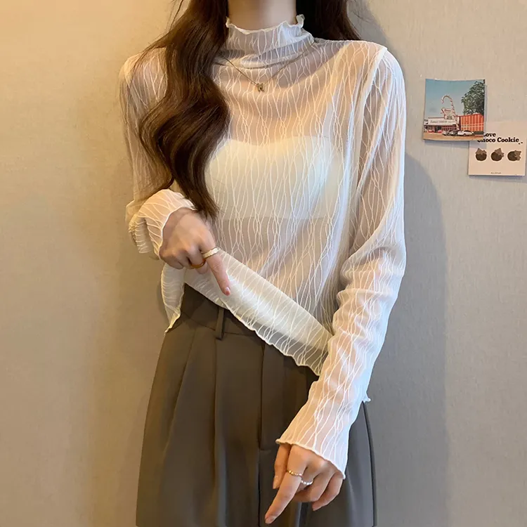 大码胖妹妹半高领打底衫女秋冬洋气微透内搭上衣长袖网纱蕾丝衫薄