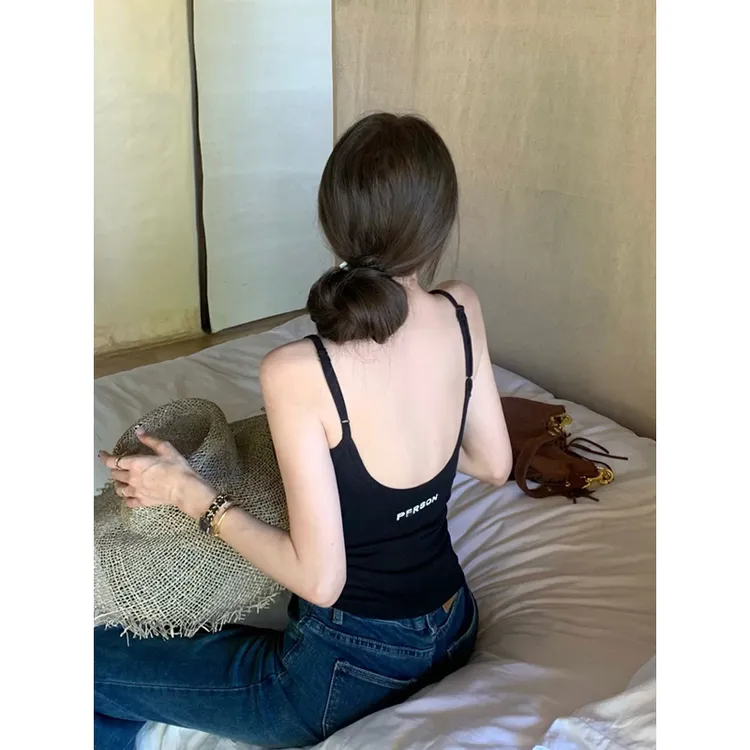 美式辣妹u领黑色吊带小背心女夏内搭带胸垫紧身裹胸美背上衣外穿