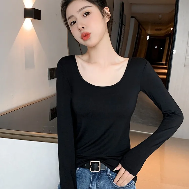 黑色U领打底衫女内搭秋冬长袖t恤洋气大领口低领紧身上衣薄莫代尔