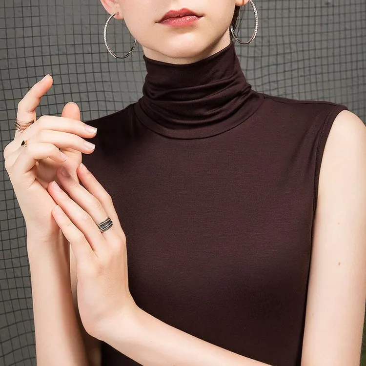 2021春季新款堆堆领莫代尔黑色打底女修身内搭夏季无袖高领T衫恤