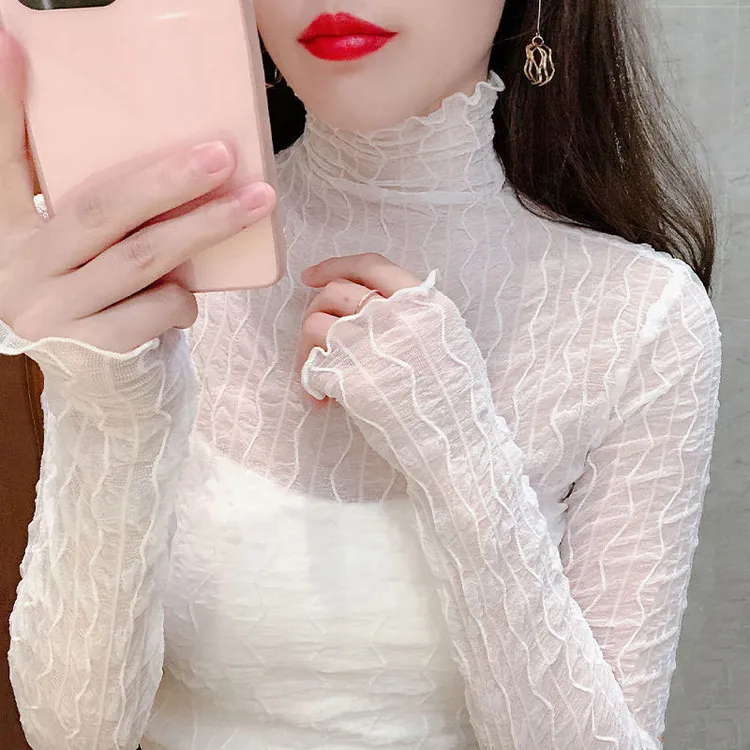 2023早秋新款网纱打底衫女长袖秋冬洋派内搭高领蕾丝时尚时髦上衣