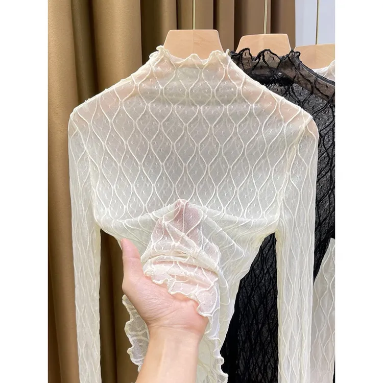 木耳边蕾丝打底衫女长袖薄款秋冬高领洋气内搭纱衣透明网纱小衫女
