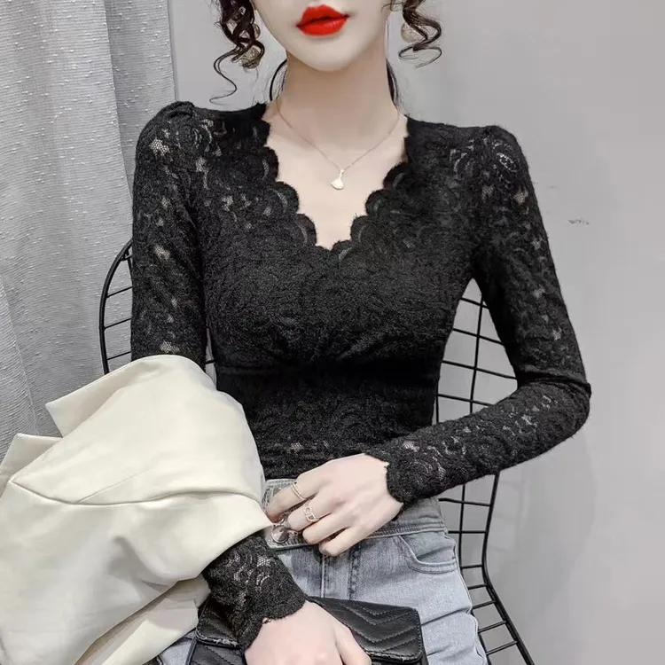 设计感V领蕾丝打底衫女2022秋冬新款洋气小衫加绒加厚内搭上衣潮