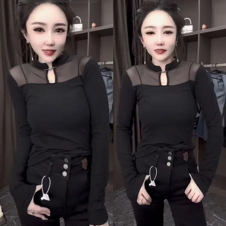 时尚立领网纱拼接修身T恤打底衫长袖2024冬新款性感镂空洋气上衣